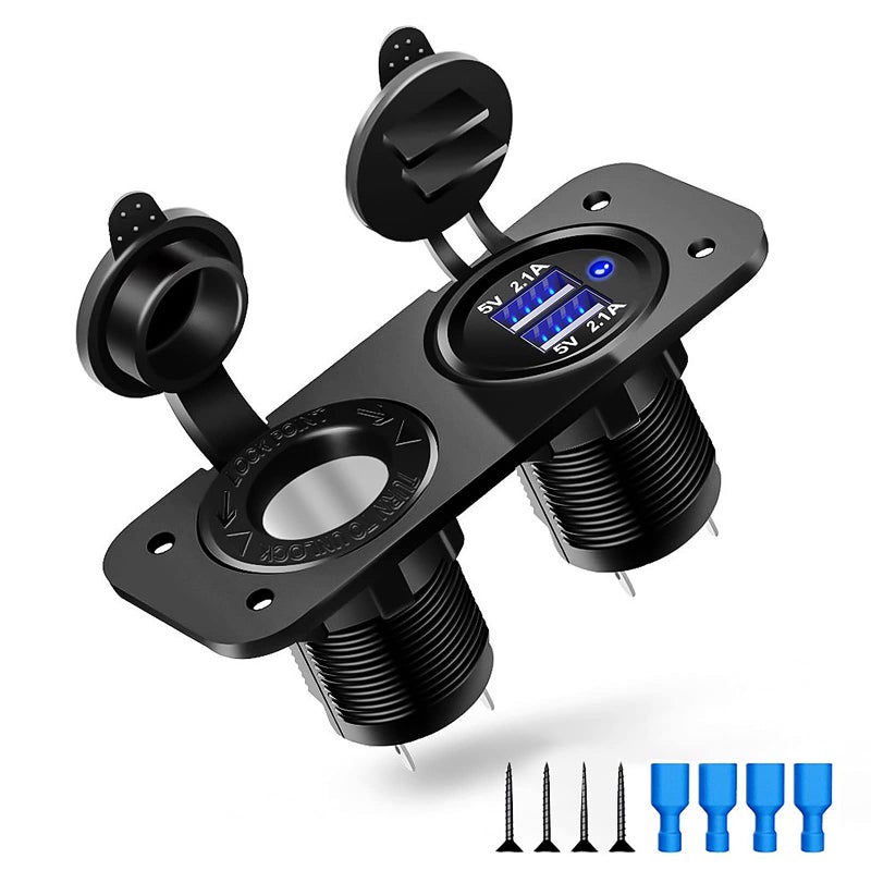 ELECTOP Cigarette Lighter Socket Outlet Splitter, 12V USB Outlet USB Charger 12 Volt Socket Power Outlet with LED, Waterproof Power Socket Panel Adapter DIY Kit Dual USB Ports for Car Boat Marine RV - Image 1